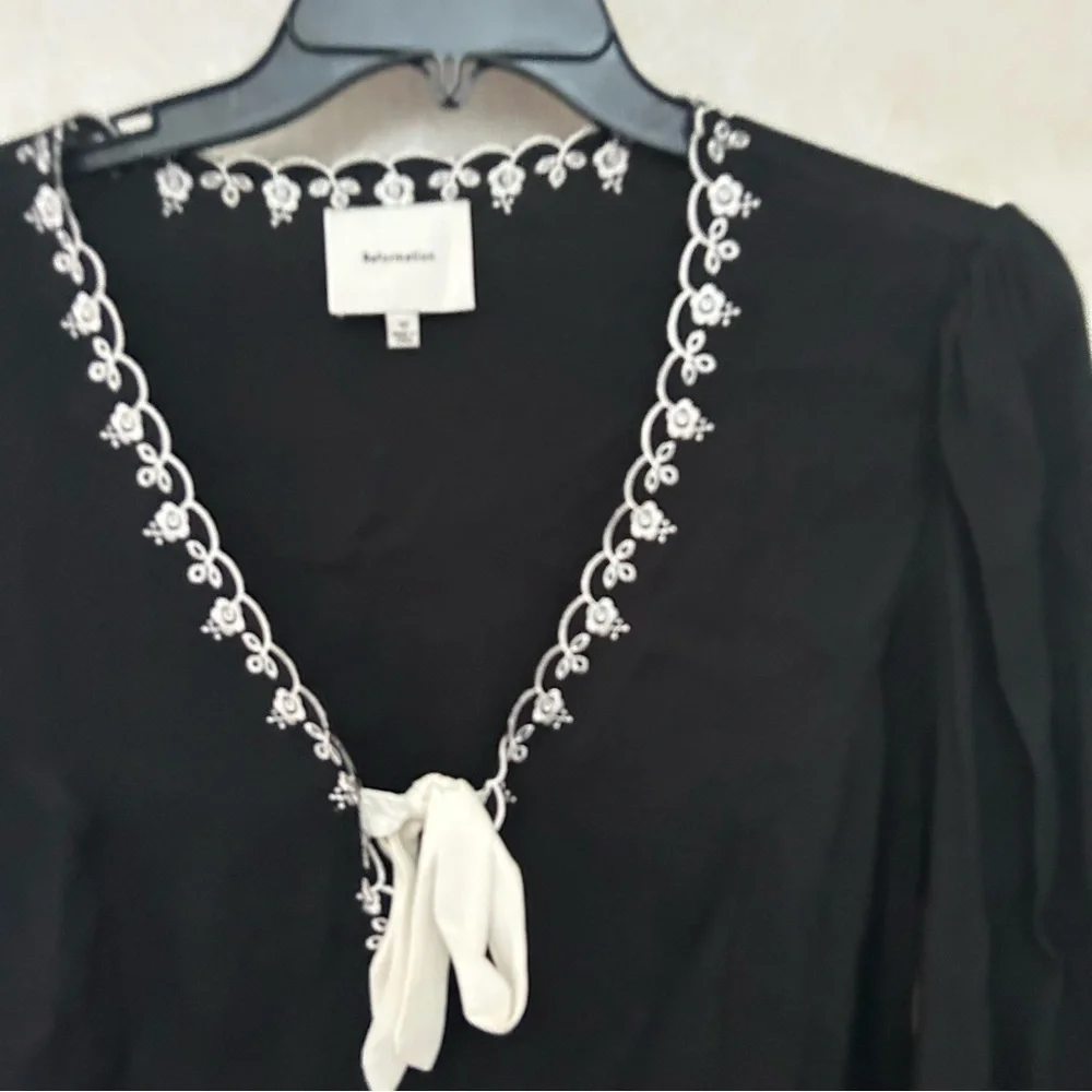 Reformation Black V-Neck Long Sleeve Blouse with White Ribbon & Embroidered Trim